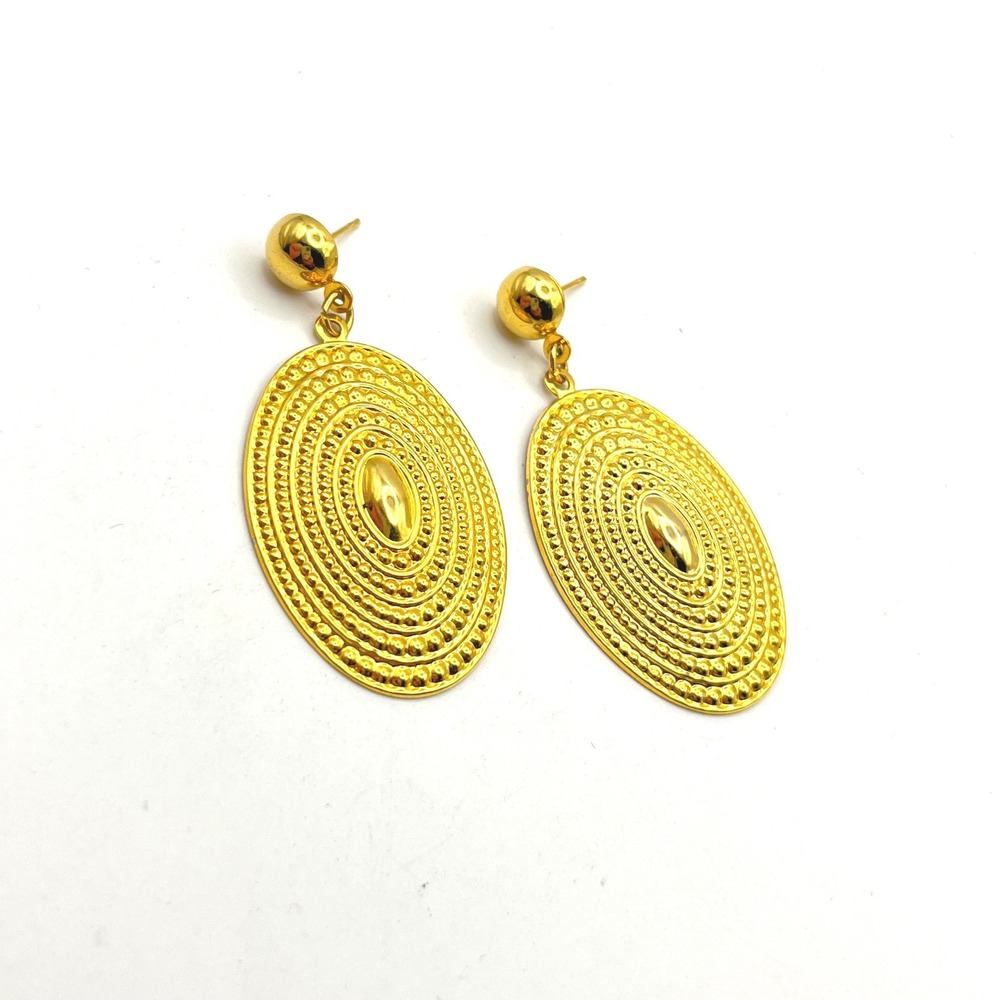 Gold Tone Textured Oval Drop Earrings Beaded Concentric Statement Dangle Vintage